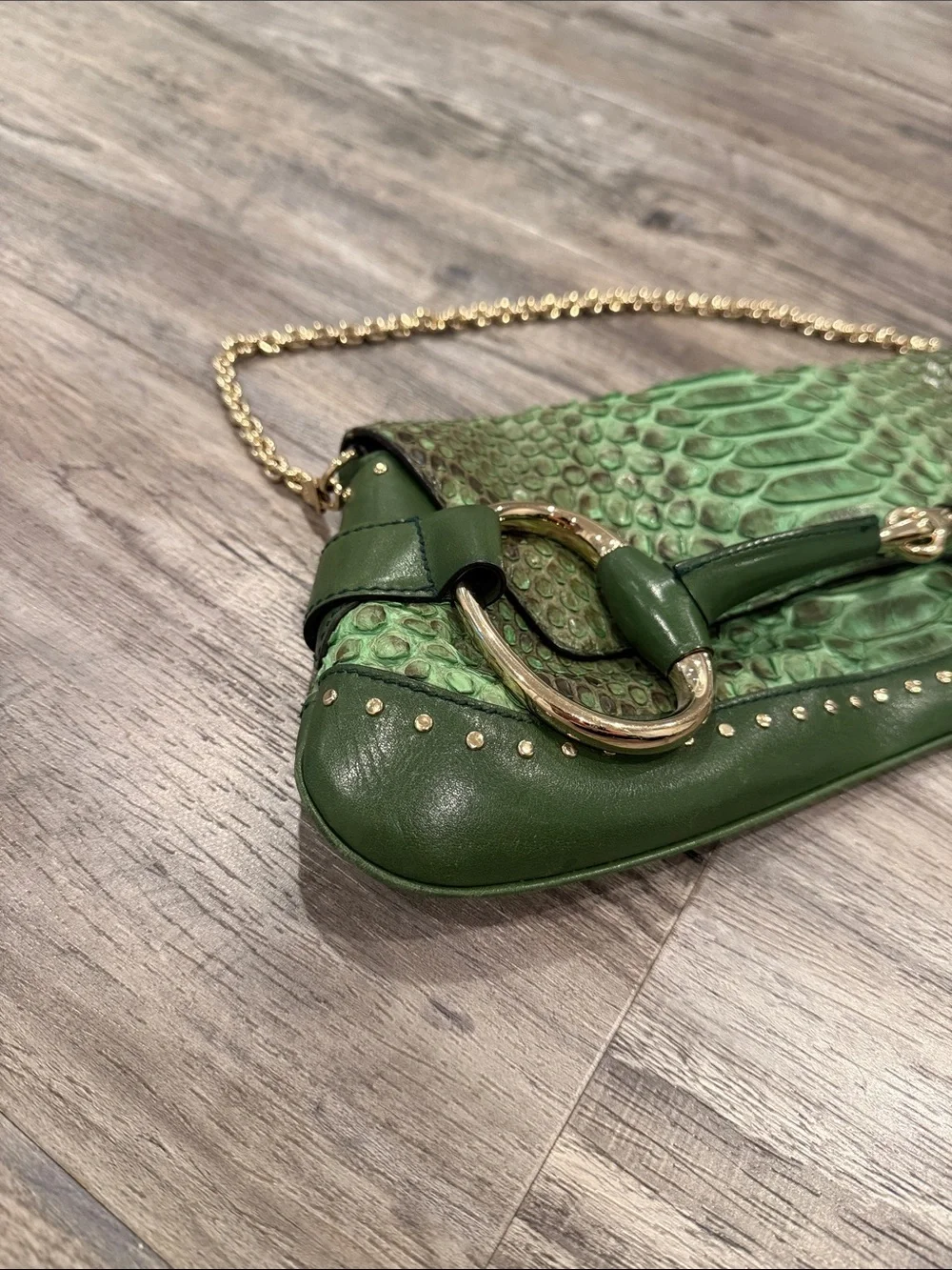Tom Ford for Gucci 2004 Green Python Horsebit Chain Clutch Shoulder Bag Rare